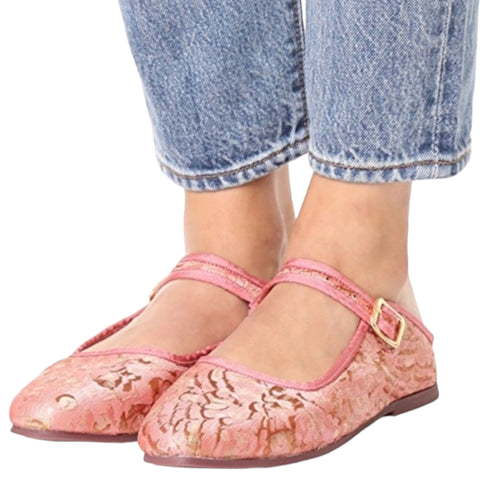 Women's Pink and Gold Floral Lace Slip-On Flat Evie Mary Jane Loafers -Size 7 -Free People