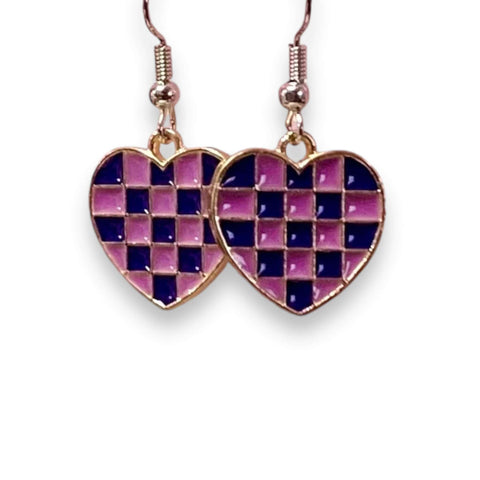 Pink and Purple Checks Heart Earrings