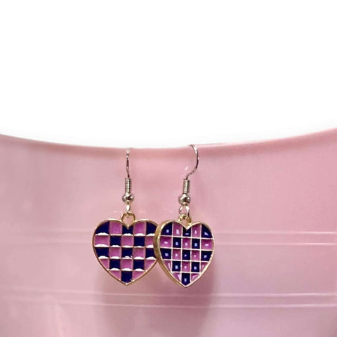 Pink and Purple Checks Heart Earrings