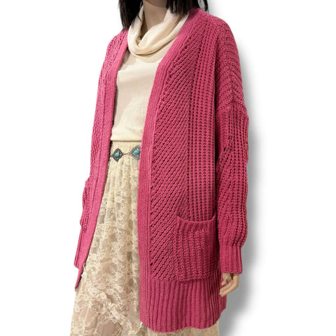 Pink Open Front Pockets Mid Length Knit Cardigan oversized cozy winter wear