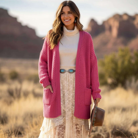 Pink Open Front Pockets Mid Length Knit Cardigan