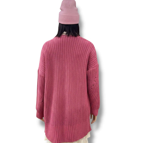 Pink Open Front Pockets Mid Length Knit Cardigan back view oversized cozy cold weather 