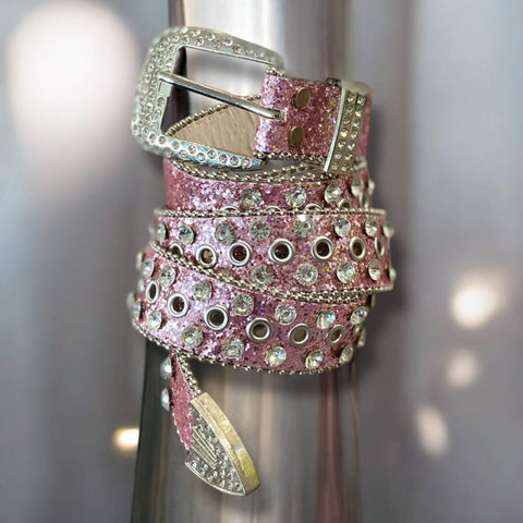 Glam Silver Studs Rhinestone Belt Pink rhinestone belt with oversized silver buckle and tip