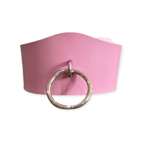 Pink Silver Ring Wide Buckle Choker in pink faux leather with oversized O-ring and double buckle closure