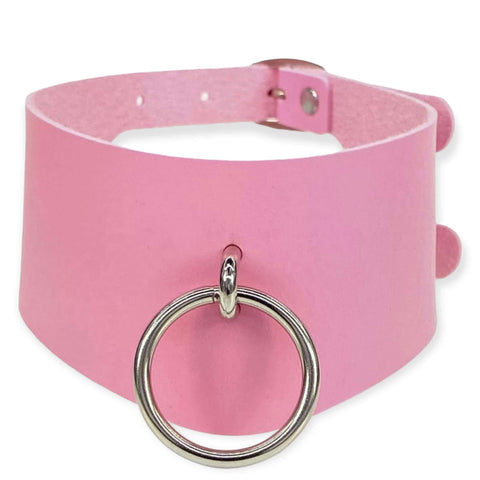 Pink Silver Ring Wide Buckle Choker in pink faux leather with oversized O-ring and double buckle closure