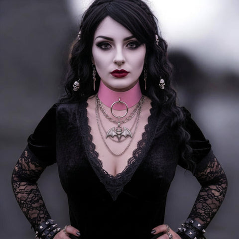 Pink Silver Ring Wide Buckle Choker in pink faux leather with oversized O-ring and double buckle closure