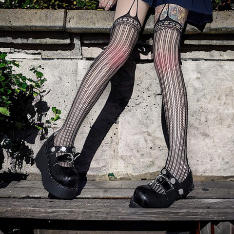 Black Fishnet Suspender Thigh High Shredded Tights - Wild Time Fashion