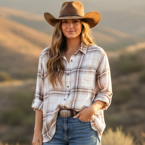 Women's Button Up Flannel Shirt casual women’s plaid flannel shirt styled with jeans