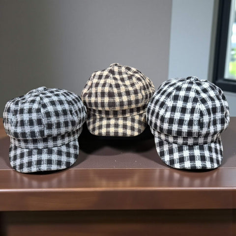 Classic Tweed Plaid Newsboy Cap – 8-Panel Baker Boy Hat (Unisex)with curved stiff brim and plaid 8-panel crown blk/white, brown/cream, and gray/blk