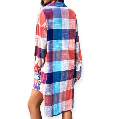 Blue Plaid Cotton Button Down Shirt Dress