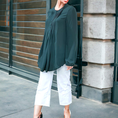Evergreen Button Down Pleated Blouse - Wild Time Fashion