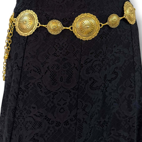 Plus Size Round Floral Concho Chain Belt in antique silver or gold with etched sunburst medallion links
