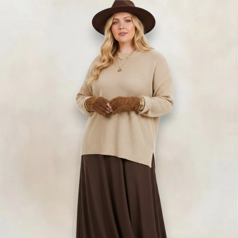 Plus Tan Lightweight Ribbed Knit Sweater with long sleeves and high-low split hem 