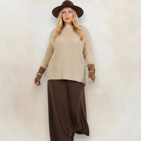 Plus Tan Lightweight Ribbed Knit Sweater with long sleeves and high-low split hem
