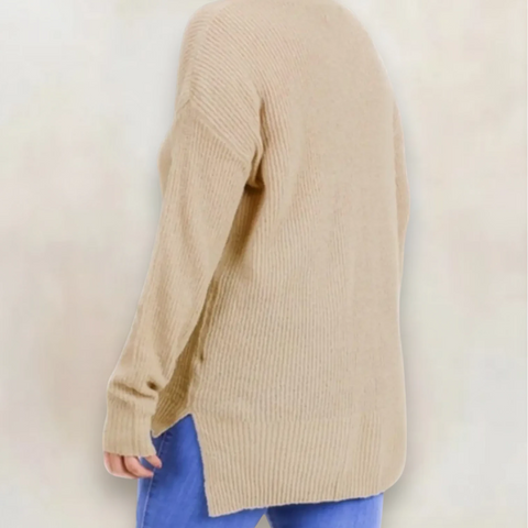 Plus Tan Lightweight Ribbed Knit Sweater with long sleeves and high-low split hem