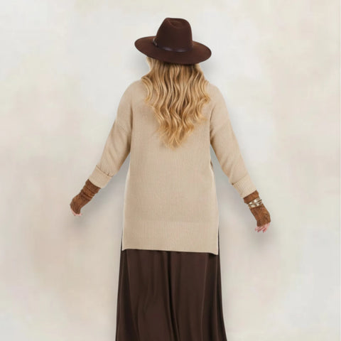 Plus Tan Lightweight Ribbed Knit Sweater with long sleeves and high-low split hem