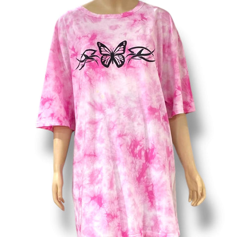 front view of oversized pink and white tie dye tee on model