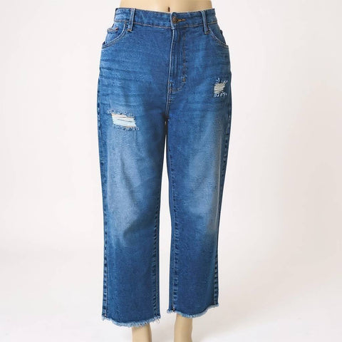 front view high waist distressed details straight leg frayed ankle hem ankle jeans