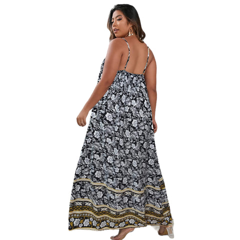 Black & White: Black and white floral maxi dress with adjustable cami straps and open smocked back