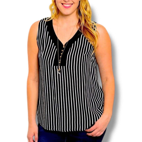 Plus Black White Striped Sleeveless V-Neck Blouse a-line design with embroidered neckline and gold button front 2X or 3X