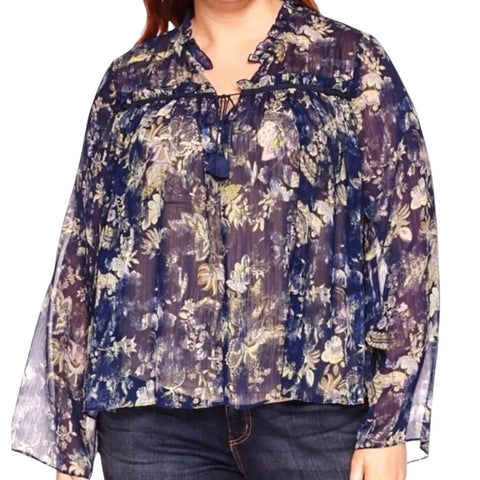 Blue floral and cream paisley A.N.A. blouse with frilled V-neckline, tassel ties and long sleeves