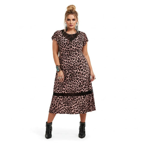Plus Leopard Print Black Lace Midi Dress with short sleeves and side pockets victorian gothic style