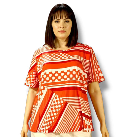 Plus Retro Red White Dots Striped Blouse retro casual year round top 1XL or  2XL 