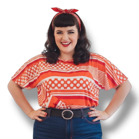 Plus Retro Red White Dots Striped Blouse fluttery sleeves for a rockabilly retro casual year round top 1XL or  2XL 