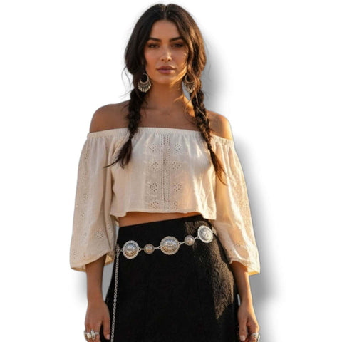 Plus Size Round Floral Concho Chain Belt in antique silver or gold with etched sunburst medallion links