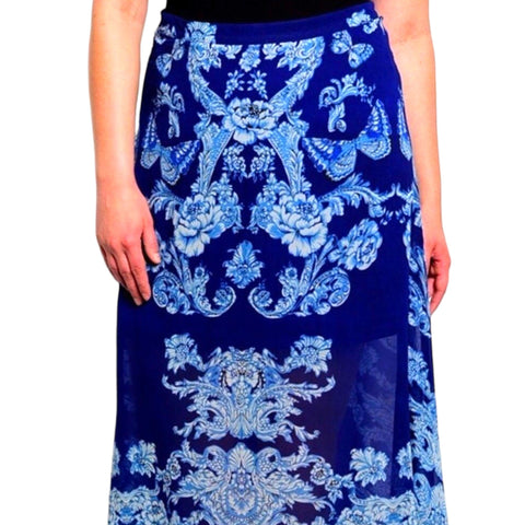 Women's Plus High Waisted Maxi Skirt Blue with White Floral Butterfly Paisley Print A-Line Maxi Skirt -2XL,3XL - Wild Time Fashion