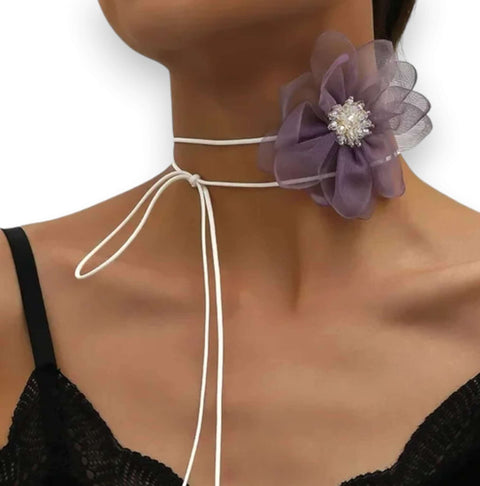  Multicolor Big Flower Wrap Choker purple chiffon white crystal seeds necklace