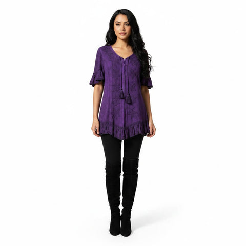 woman wearing with black boots and leggings Purple Celestial Embroidered Ruffle Tunic Blouse short flutter sleeves size small
