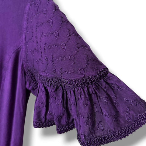 Purple Celestial Embroidered Ruffle Tunic Blouse short flutter sleeves size small