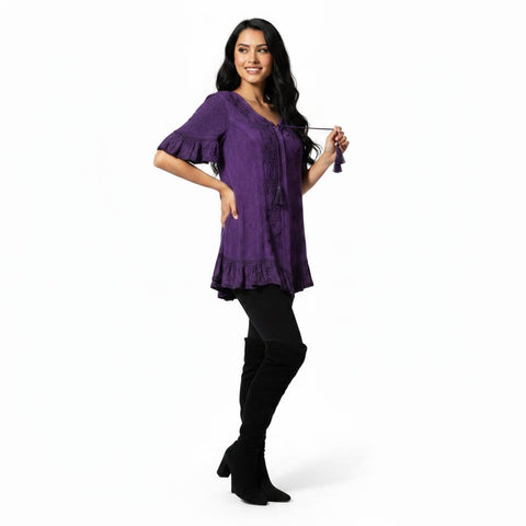 woman wearing with black boots and leggings Purple Celestial Embroidered Ruffle Tunic Blouse short flutter sleeves size small