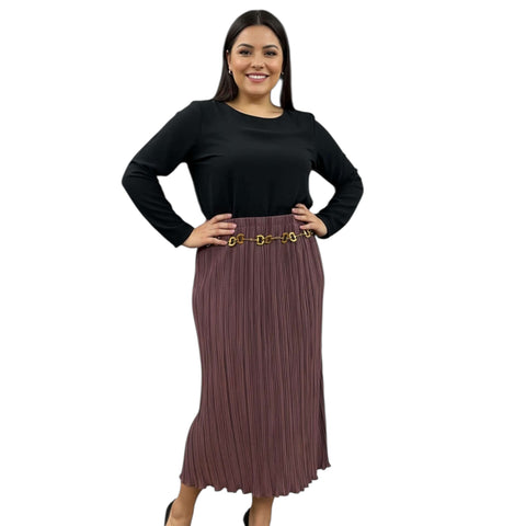 Plus Size Mauve Rose Velvet Pleated Midi Skirt Elastane Waistband 1X