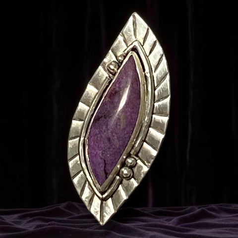Rare Stichtite Sterling Silver Ring with Marquise Purple Gemstone and Multi Wire Wrap Band, Handmade in USA Boho Western Jewelry