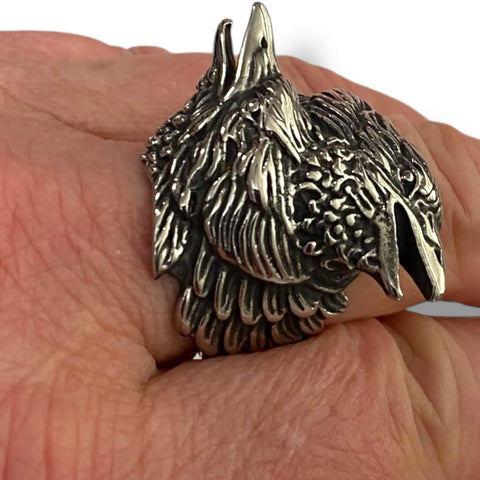 Stainless Steel Raven's Ring featuring twin Odin ravens Huginn and Muninn, matte silver Viking biker ring in Nordic gothic style