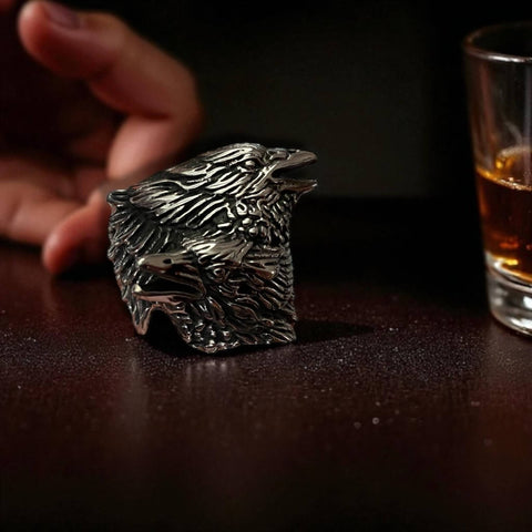 Stainless Steel Raven's Ring featuring twin Odin ravens Huginn and Muninn, matte silver Viking biker ring in Nordic gothic style