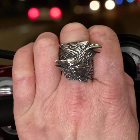 Stainless Steel Raven's Ring featuring twin Odin ravens Huginn and Muninn, matte silver Vikings biker ring in Nordic gothic style