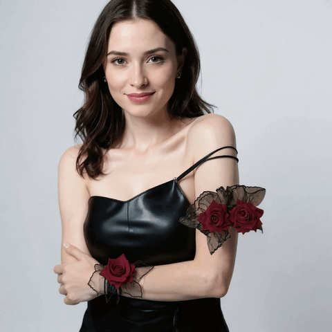 gothic lace rose cuffs styled with evening dress and pair display by model