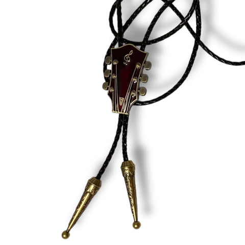 Country Music Guitar Leather Bolo necktie with adjustable slider and braided faux leather rope in black silver, red gold, or blue gold
