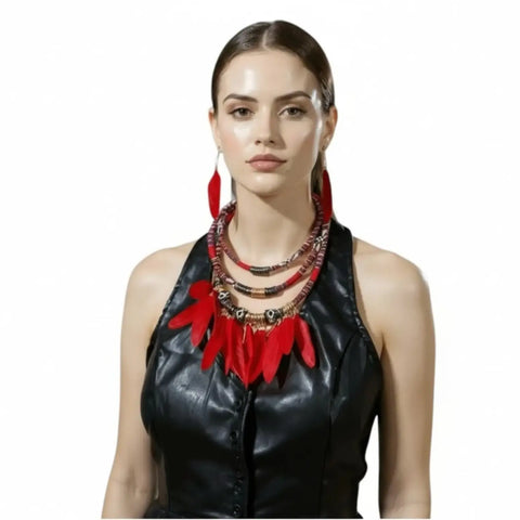 Wild West Tribal Feather Necklace and Earrings Set in desert red with matching feather earrings