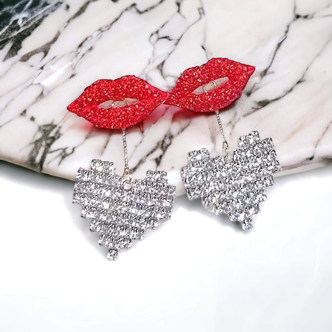 Candy Red Lips Hanging Crystal Heart Earrings