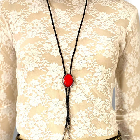 rock western stone bolo tie with colored oval stone pendant antique silver braided frame black braided faux leather cord and silver aiguillettes