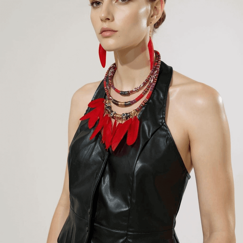 Wild West tribal necklace and earrings set in red feathers