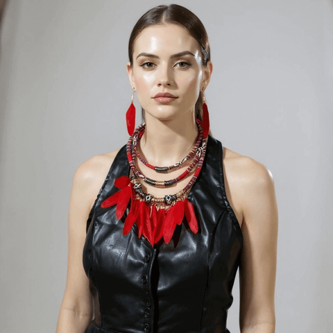 Wild West tribal necklace and earrings set in red feathers