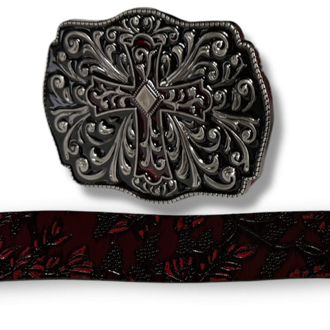 Western Goth Black Floral Cross Buckle Waist Belt in red and black – faux leather statement belt for cowgirl, punk, and gothic outfits