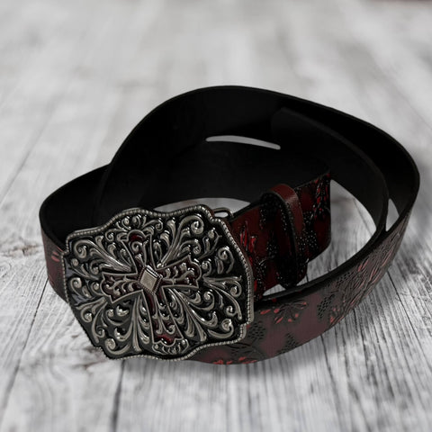 Western Goth Black Floral Cross Buckle Waist Belt in red and black – faux leather statement belt for cowgirl, punk, and gothic outfits