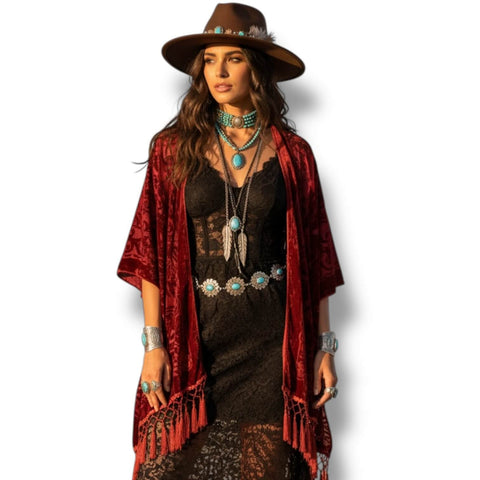 Fringe floral velvet kimono jacket with semi-sheer burnout floral velvet, open front, oversized sleeves, and long tassel fringe in multiple color options burgundy red