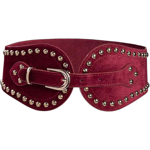 Gold studded suede corset belt faux wide 4 inch front panel, adjustable buckle closure, and stretch elastane back panel in black or burgundy